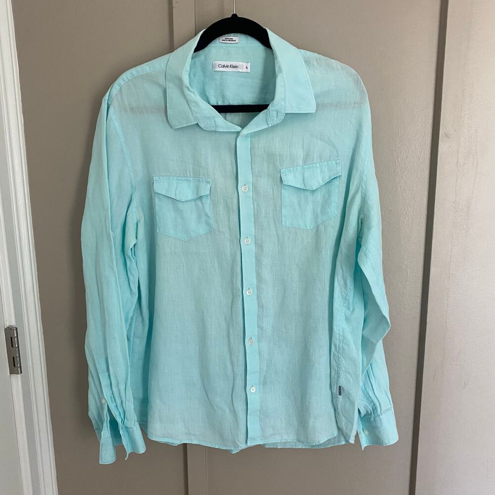 Calvin Klein LAGOON BLUE 100% MENS LINEN LONG SLEEVE SHIRT SZ XL